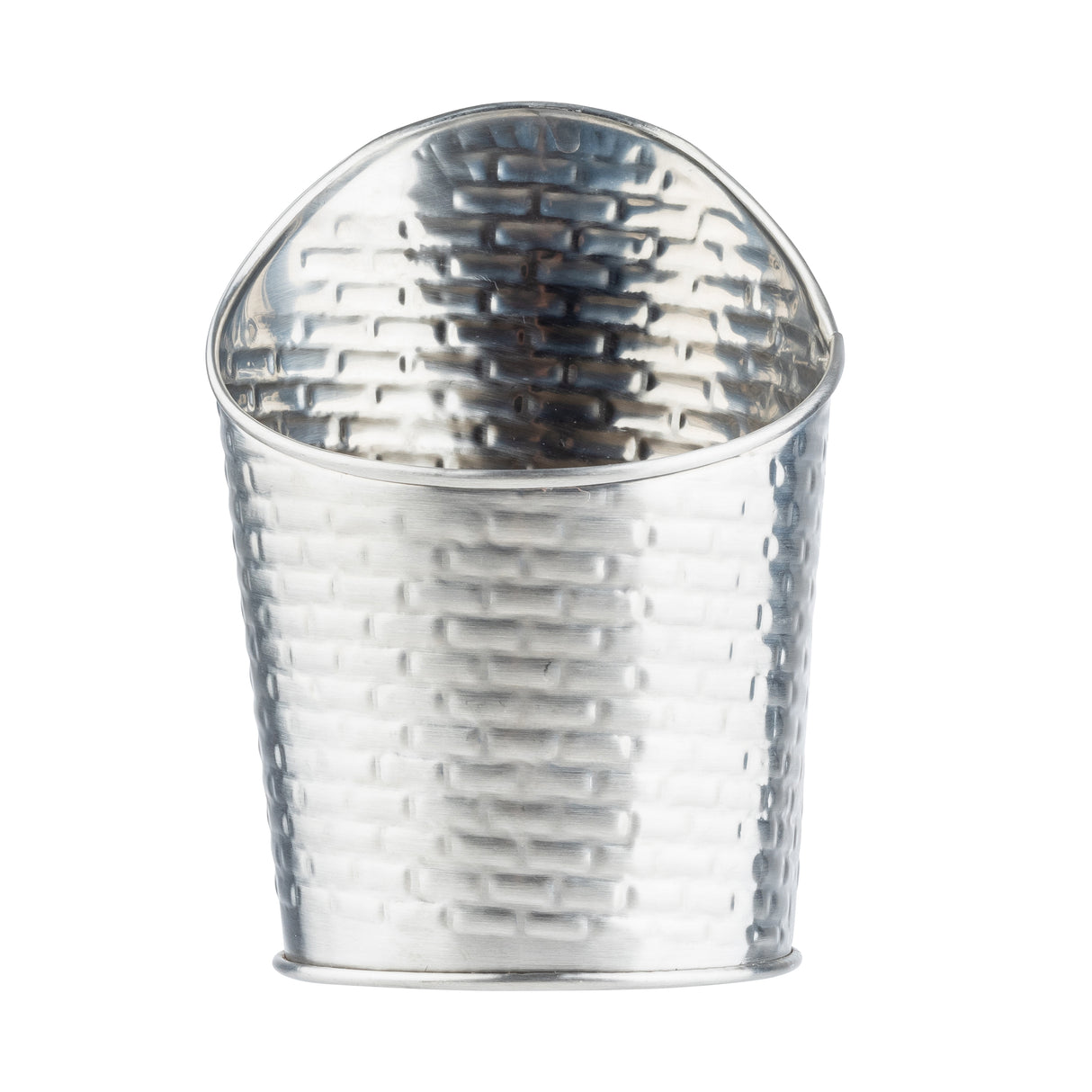 A textured, stainless steel fry cup with a silver finish, wide oval opening, and slightly tapered base. Its woven, basket-like pattern contrasts with the smooth rim. The container is empty and photographed against a white background.
