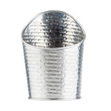 A textured, stainless steel fry cup with a silver finish, wide oval opening, and slightly tapered base. Its woven, basket-like pattern contrasts with the smooth rim. The container is empty and photographed against a white background.