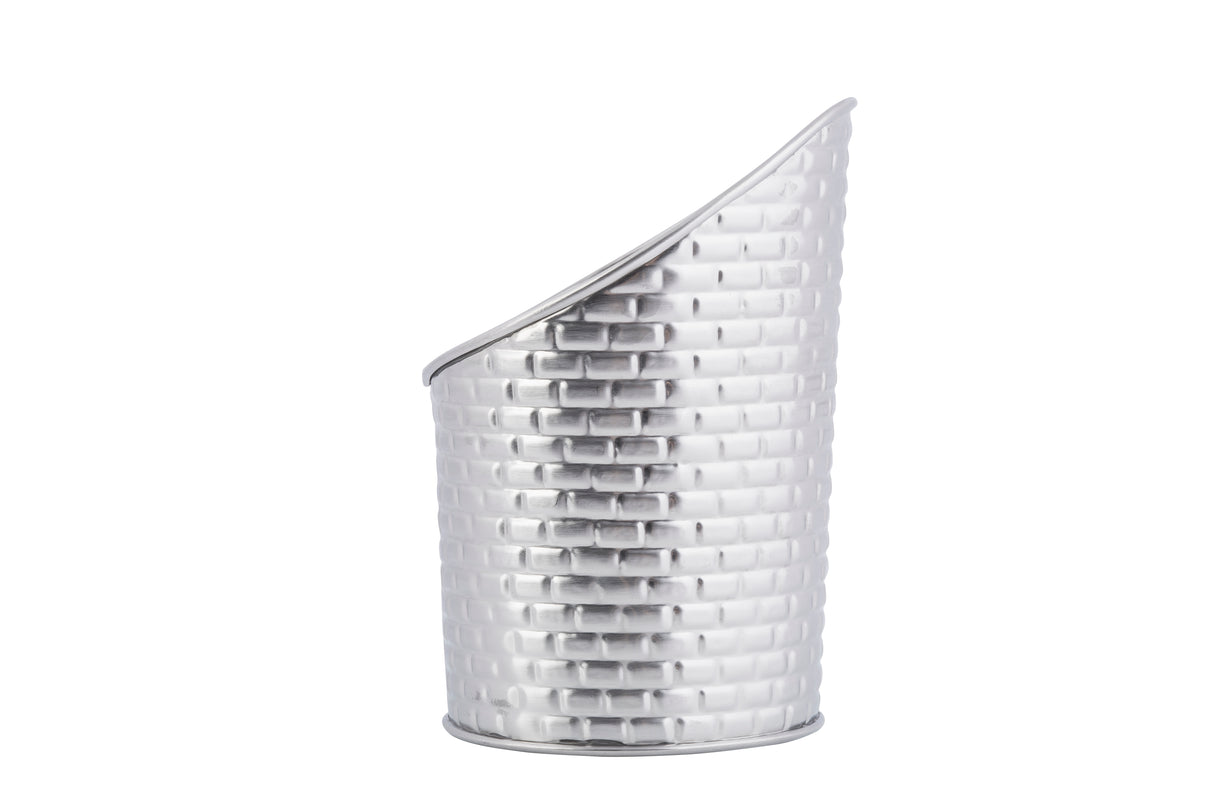 A tall, stainless steel fry cup with a textured, brick-like pattern and a slanted, curved rim on one side. Its shiny, reflective surface adds a modern touch. This decorative container is dishwasher safe and set against a plain white background.