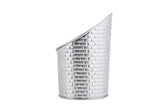 A tall, stainless steel fry cup with a textured, brick-like pattern and a slanted, curved rim on one side. Its shiny, reflective surface adds a modern touch. This decorative container is dishwasher safe and set against a plain white background.