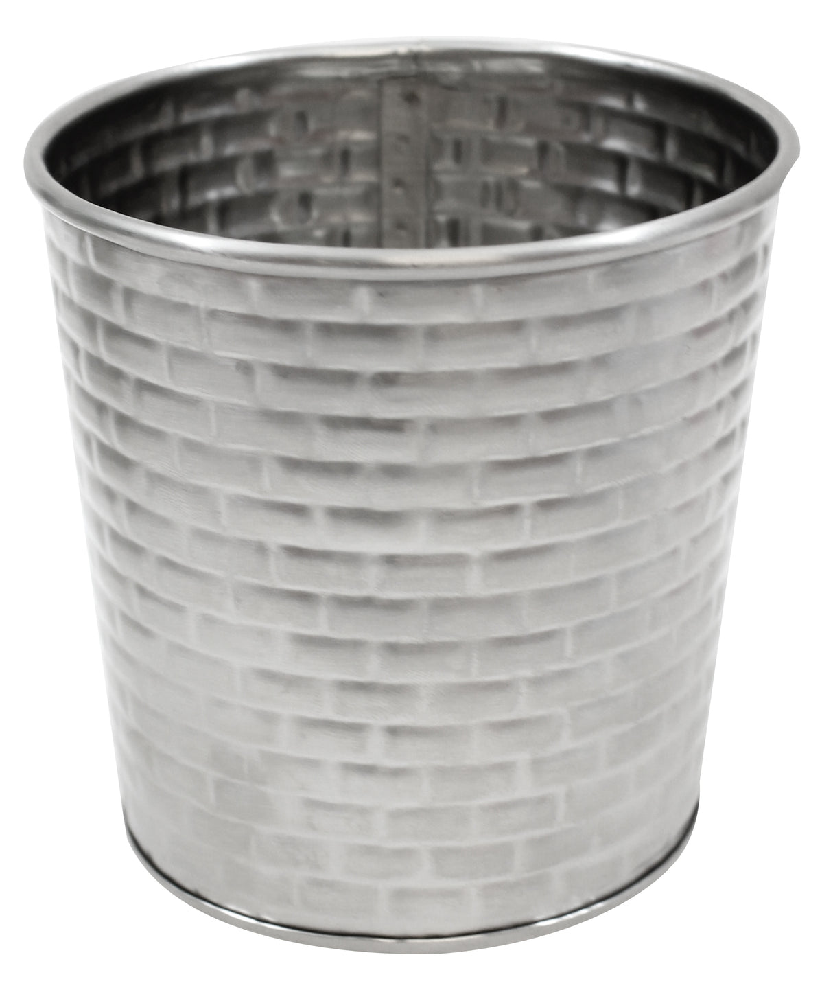 A silver metal bucket from the Brickhouse Collection, featuring a slightly flared rim and embossed brick-like pattern. Its shiny, polished finish stands out against a white background, highlighting its stylish design.