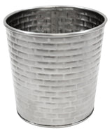 A silver metal bucket from the Brickhouse Collection, featuring a slightly flared rim and embossed brick-like pattern. Its shiny, polished finish stands out against a white background, highlighting its stylish design.