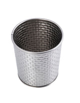 A silver metal basket from the Brickhouse Collection, with a woven texture pattern and shiny finish. Cylindrical with an open top and smooth rim, this piece is dishwasher safe and matches any stainless steel cup for a coordinated look.