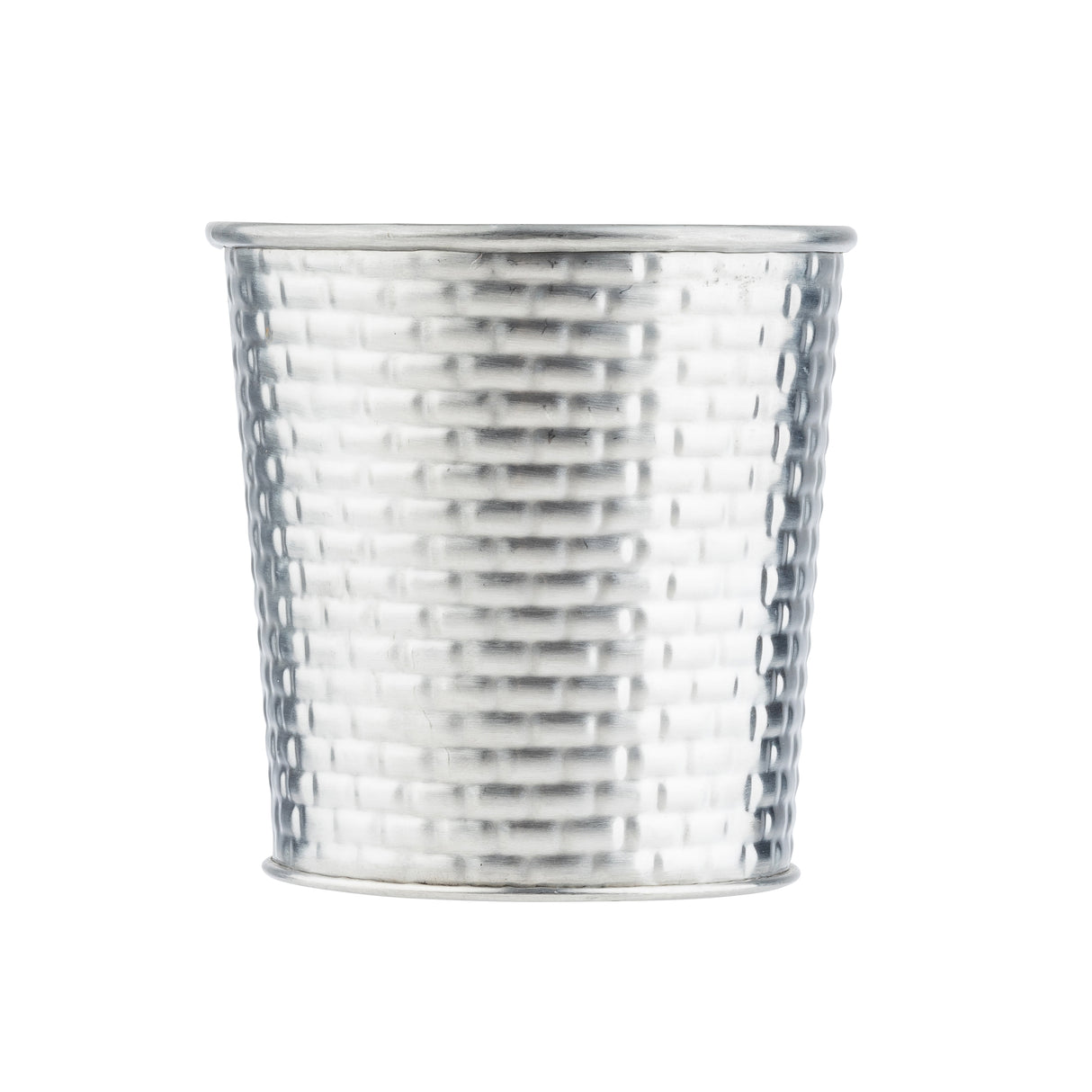 A stainless steel cup with a cylindrical shape and a textured, grid-like pattern. Part of the Brickhouse Collection, it features a shiny finish and is photographed against a plain white background.