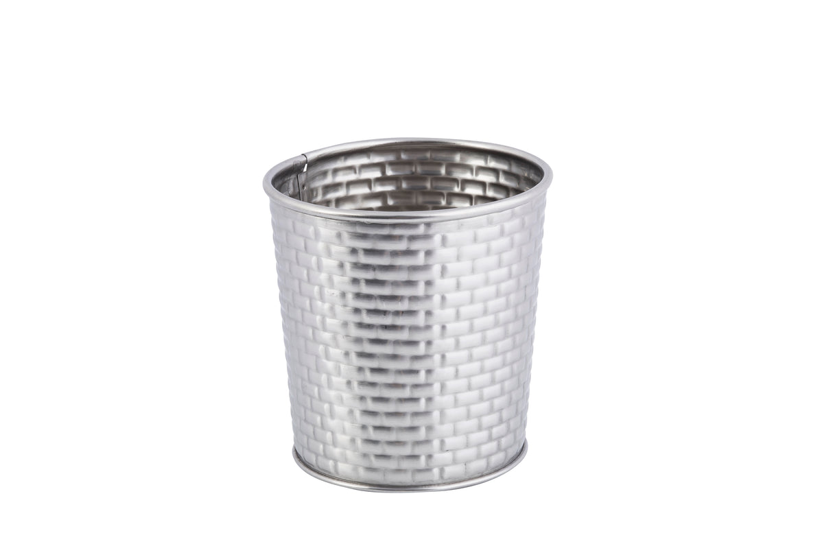 A silver stainless steel cup from the Brickhouse Collection, featuring a cylindrical shape and woven basket-like texture. The rim and base are smooth, with a shiny reflective interior. Presented on a plain white background.