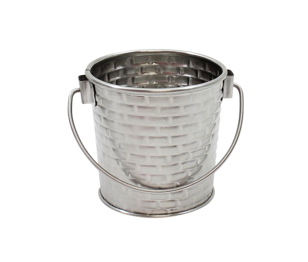 A small Brickhouse Collection Pail, crafted as a silver stainless steel pail with a woven basket pattern, features a smooth rim and thin curved handle. The bucket is empty and displayed against a plain white background.