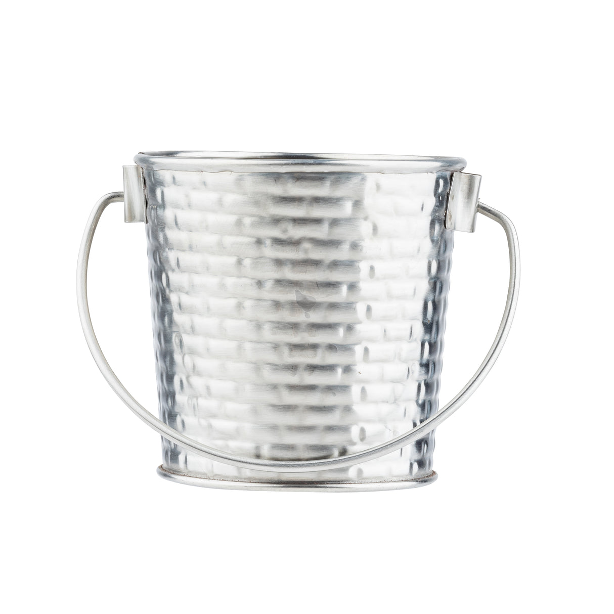 A small, shiny stainless steel pail from the Brickhouse Collection with a textured, dimpled surface and a curved handle on each side, shown against a plain white background. This pail is also dishwasher safe for easy cleaning.