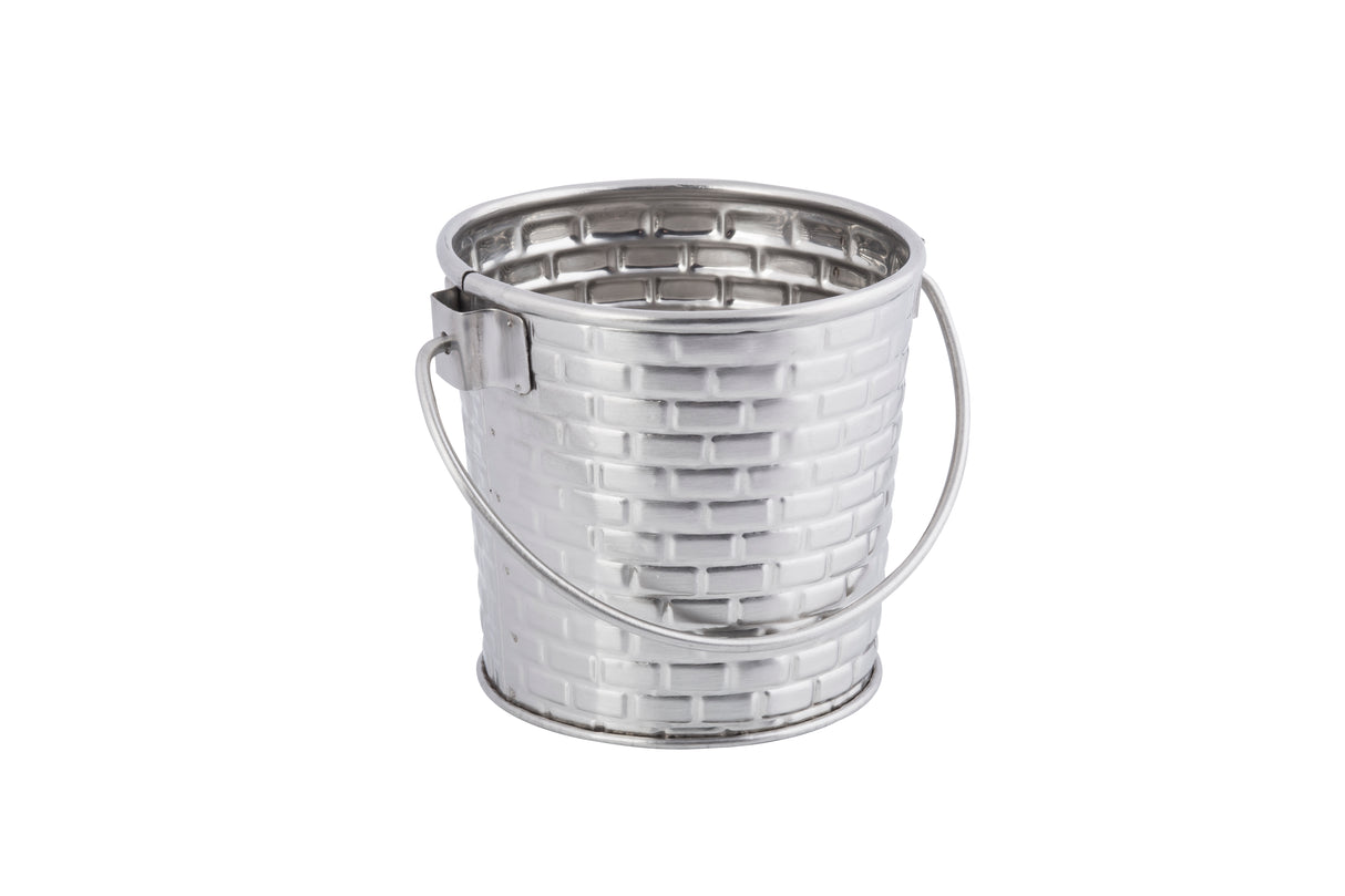 A small, empty stainless steel pail with a brick-patterned texture and a curved handle, shown against a plain white background. The pail is clean, reflective, and dishwasher safe, with the handle attached near the top rim.