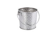 A small, empty stainless steel pail with a brick-patterned texture and a curved handle, shown against a plain white background. The pail is clean, reflective, and dishwasher safe, with the handle attached near the top rim.