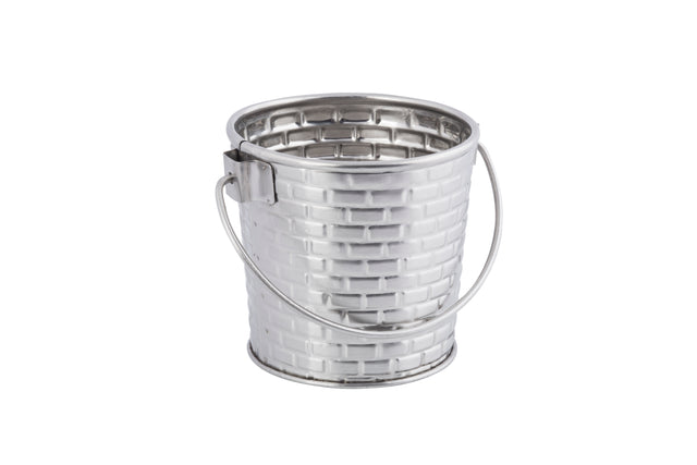 A small, empty stainless steel pail with a brick-patterned texture and a curved handle, shown against a plain white background. The pail is clean, reflective, and dishwasher safe, with the handle attached near the top rim.