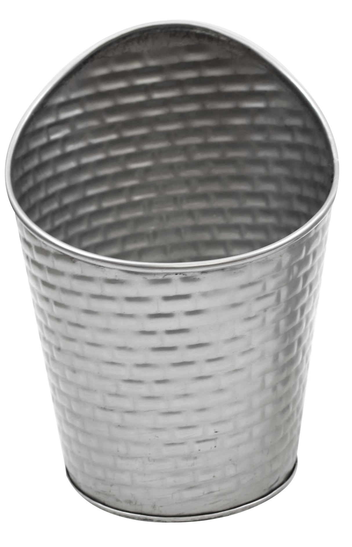 A silver stainless steel bucket from the Brickhouse Collection, featuring a basket-weave texture and an angled, asymmetrical rim. The shiny, reflective Fry Cup stands empty against a plain white background.