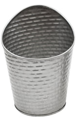 A silver stainless steel bucket from the Brickhouse Collection, featuring a basket-weave texture and an angled, asymmetrical rim. The shiny, reflective Fry Cup stands empty against a plain white background.