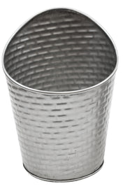 A silver stainless steel bucket from the Brickhouse Collection, featuring a basket-weave texture and an angled, asymmetrical rim. The shiny, reflective Fry Cup stands empty against a plain white background.