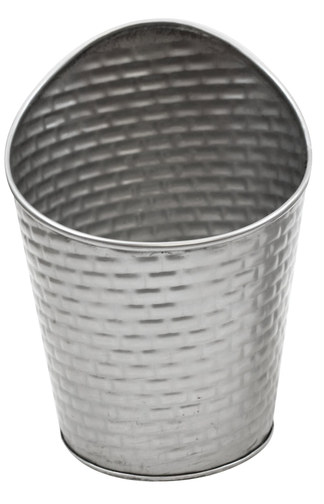 A silver stainless steel bucket from the Brickhouse Collection, featuring a basket-weave texture and an angled, asymmetrical rim. The shiny, reflective Fry Cup stands empty against a plain white background.