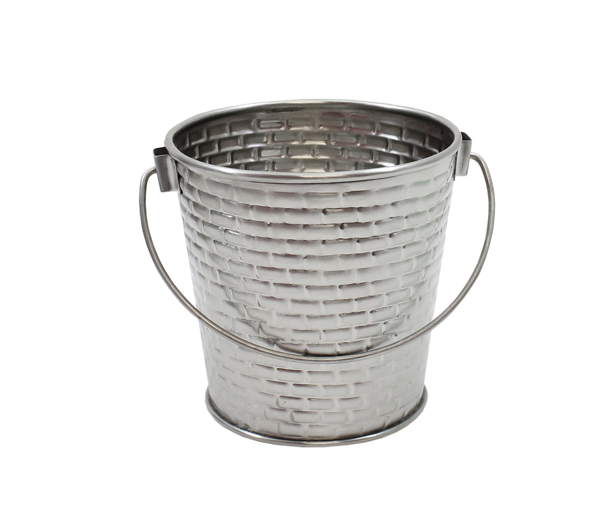 A shiny, stainless steel pail from the Brickhouse Collection with a brick-patterned texture and a thin, curved handle on both sides. This dishwasher safe bucket is empty and set against a plain white background.