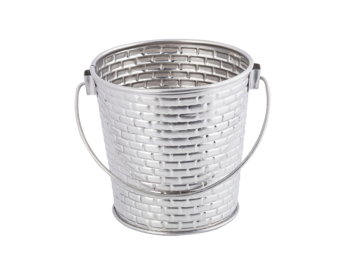 A shiny, stainless steel pail from the Brickhouse Collection features a brick-like textured pattern and a curved handle on both sides. The empty bucket is dishwasher safe and photographed against a plain white background.