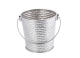A shiny, stainless steel pail from the Brickhouse Collection features a brick-like textured pattern and a curved handle on both sides. The empty bucket is dishwasher safe and photographed against a plain white background.