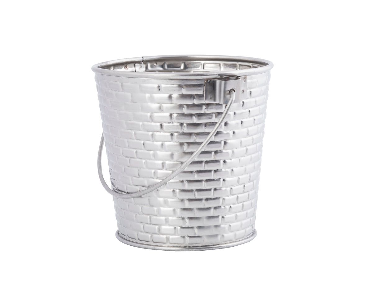 A small, shiny Brickhouse Collection pail with a brick-like textured pattern on its surface. The stainless steel pail features a rounded base, slightly flared rim, and thin metal handle. Its details stand out against the plain white background.