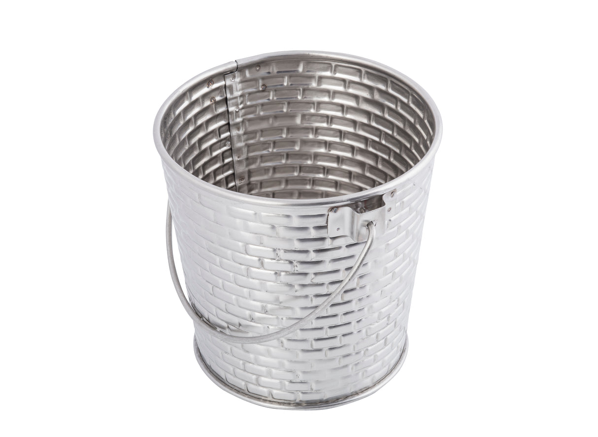 A shiny, stainless steel pail with a woven texture and a curved handle. This Brickhouse Collection pail is empty and photographed from above on a white background. It’s also dishwasher safe for easy cleaning.