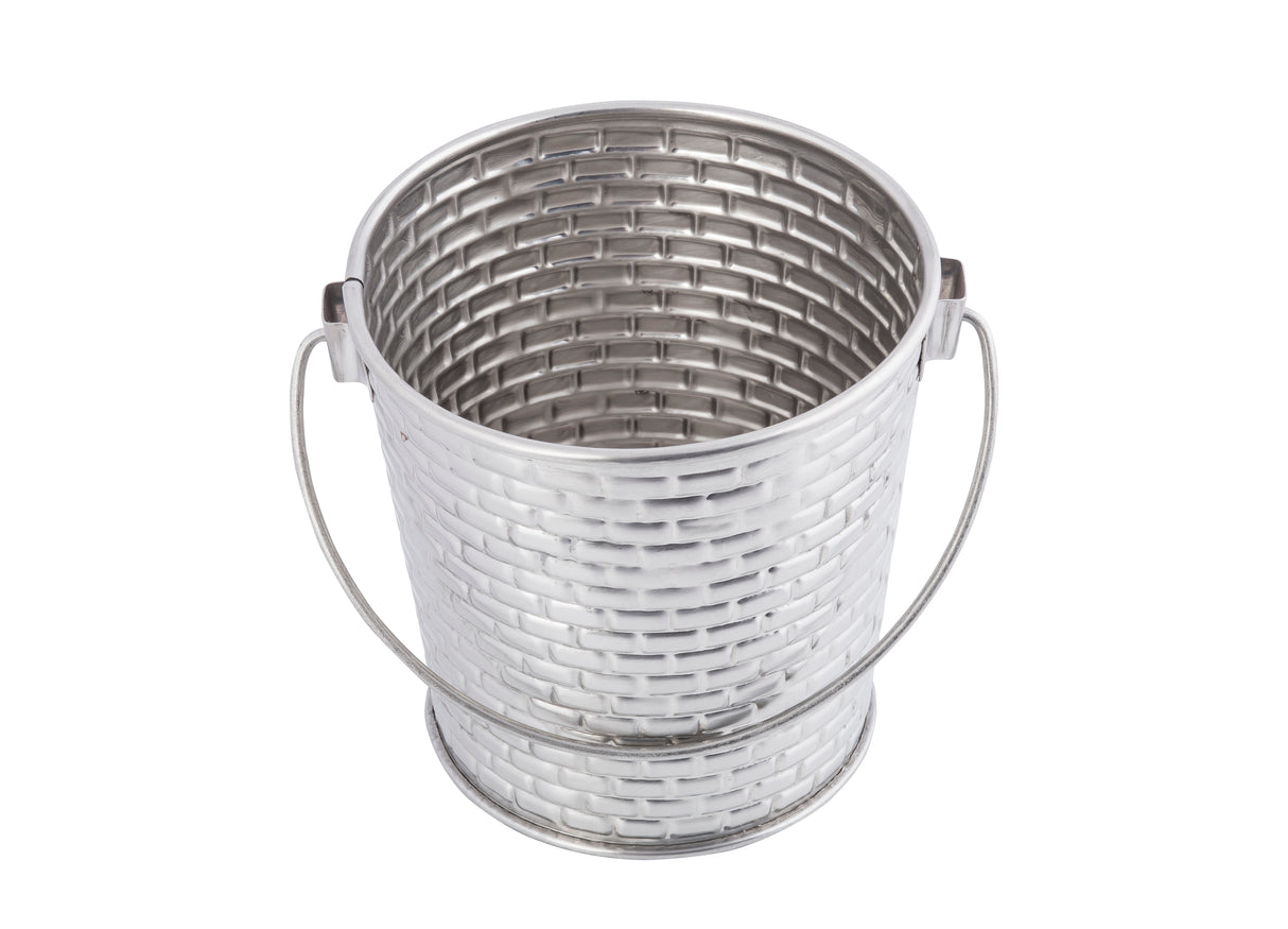 A silver Brickhouse Collection pail with a woven texture design, viewed from above. It features a smooth, round rim, curved metal handle on small loops, and a shiny finish. The dishwasher safe interior matches the exterior’s pattern. White background.