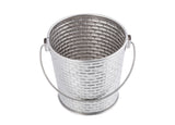 A silver Brickhouse Collection pail with a woven texture design, viewed from above. It features a smooth, round rim, curved metal handle on small loops, and a shiny finish. The dishwasher safe interior matches the exterior’s pattern. White background.