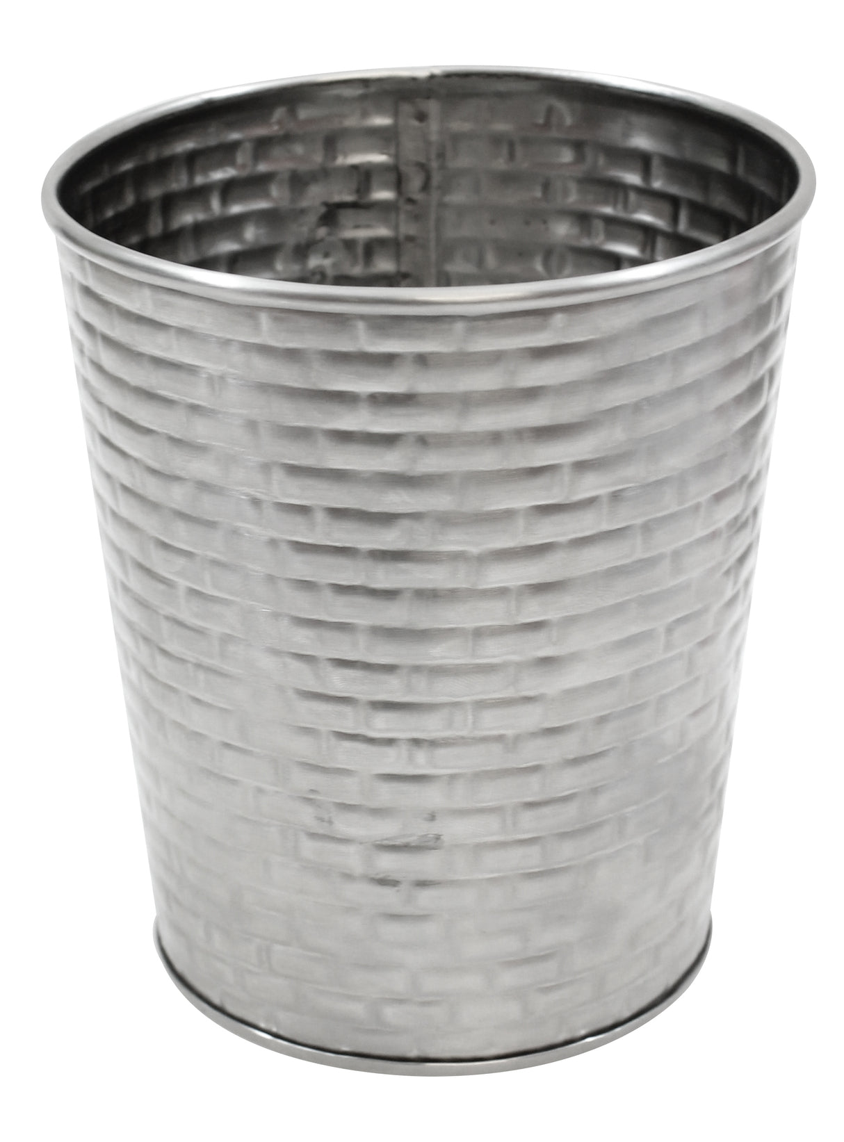 A shiny, silver metal wastebasket with a slightly flared top and a woven basket-like textured pattern, reminiscent of the sleek look of a Brickhouse Collection stainless steel cup, is shown against a white background with its smooth metallic interior visible.