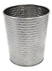 A shiny, silver metal wastebasket with a slightly flared top and a woven basket-like textured pattern, reminiscent of the sleek look of a Brickhouse Collection stainless steel cup, is shown against a white background with its smooth metallic interior visible.