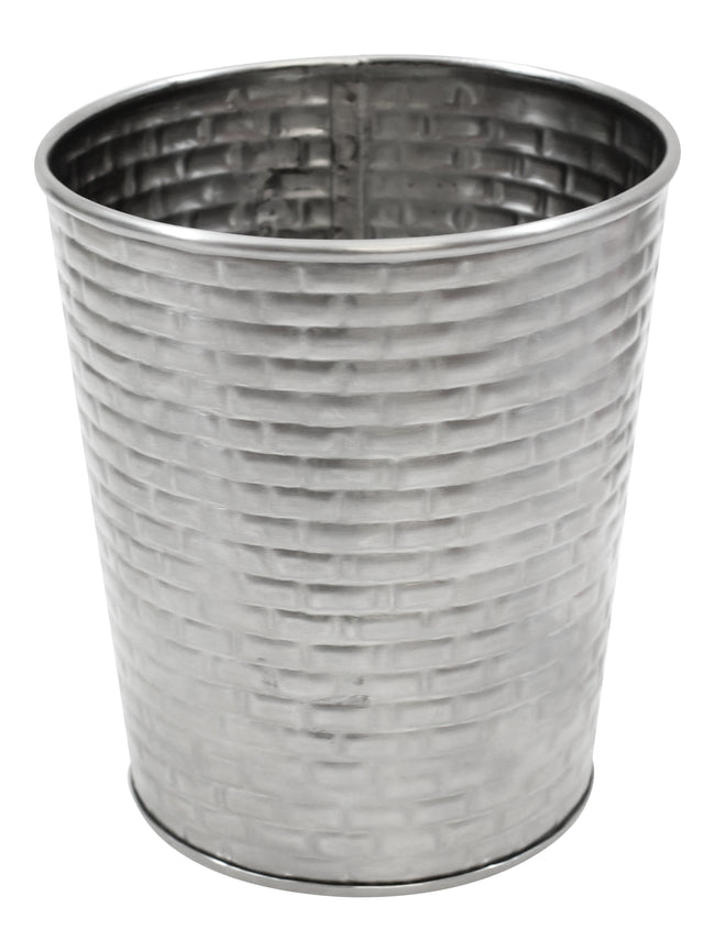 A shiny, silver metal wastebasket with a slightly flared top and a woven basket-like textured pattern, reminiscent of the sleek look of a Brickhouse Collection stainless steel cup, is shown against a white background with its smooth metallic interior visible.