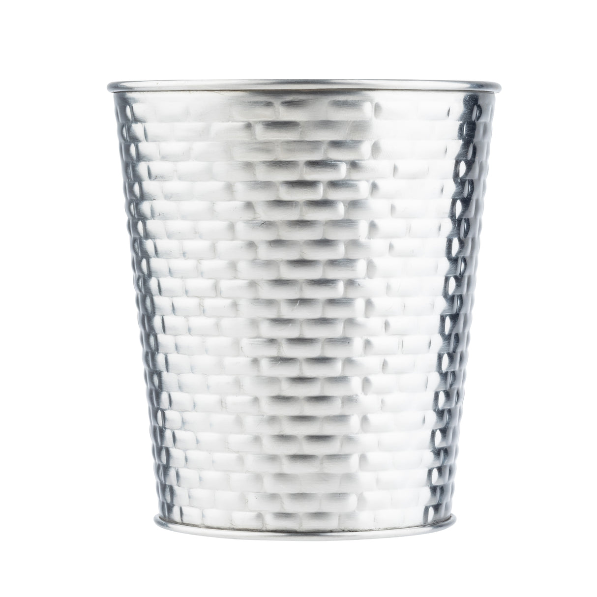 A metallic Brickhouse Collection Cup with a tapered shape and a textured, basket-weave pattern. This 23 oz stainless steel cup features a shiny, reflective finish and a slightly flared rim, set against a plain white background to highlight its design.