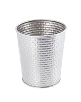 A silver wastebasket with a woven, textured pattern on its exterior resembles the refined look of a Brickhouse Collection cup. Shown against a plain white background, it features a slightly flared top and smooth, rounded rim.