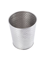 A silver metal basket with a tapered shape and woven texture. Both inside and out feature a basketweave pattern, reminiscent of the Brickhouse Collection Cup. The rim is smooth, and the empty basket sits against a plain white background.