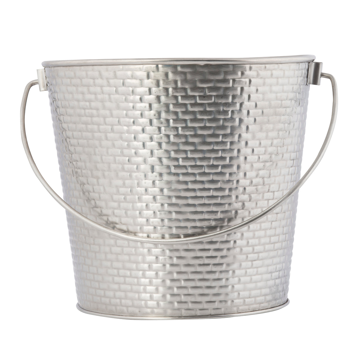 A metallic silver Brickhouse Collection pail with a textured, brick-like pattern and a thin handle. This stainless steel pail is empty and photographed against a white background.