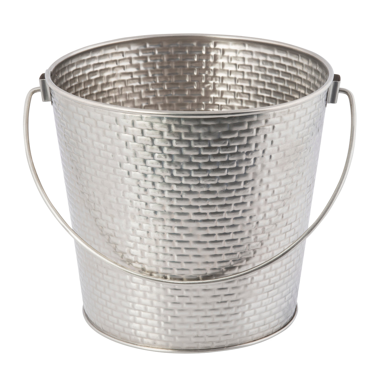 A silver Brickhouse Collection pail featuring a textured, woven-like pattern, rounded rim, and thin wire handle on both sides. This stainless steel pail is empty and pictured against a white background.