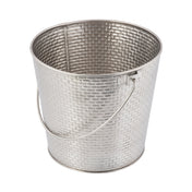 A silver Brickhouse Collection pail with a textured, woven pattern surface. It features a rounded shape, smooth rim, and sturdy handle on both sides. The empty stainless steel pail is set against a plain white background.