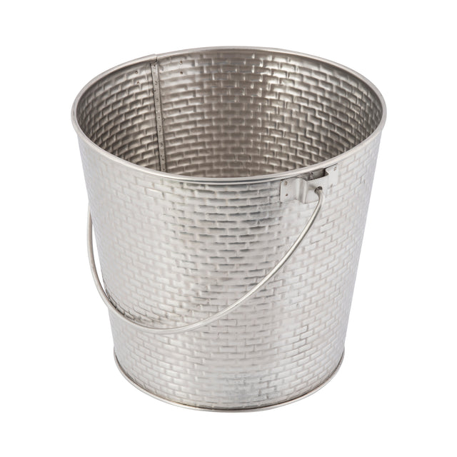 A silver Brickhouse Collection pail with a textured, woven pattern surface. It features a rounded shape, smooth rim, and sturdy handle on both sides. The empty stainless steel pail is set against a plain white background.