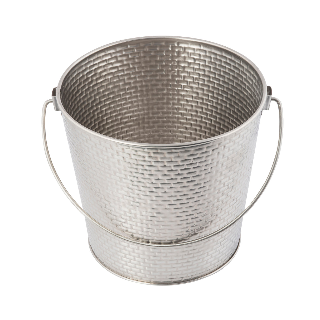 A shiny, stainless steel pail from the Brickhouse Collection with a textured, woven-like pattern and thin, curved handles on each side. The bucket is empty, dishwasher safe, and shown on a plain white background.