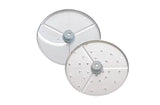Two round, metallic food processor discs for the Robot Coupe R101P are shown. Each features a central gray plastic hub; one is smooth, the other has holes for slicing or grating with the vegetable prep function. Both have a shiny, reflective finish.