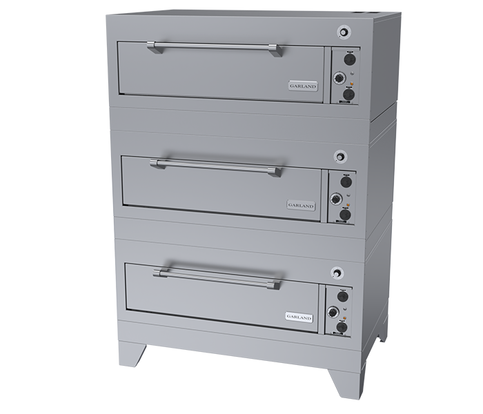 A commercial stainless steel electric triple-deck bake oven with three pull-down doors, each featuring a long handle. Control knobs and temperature dials are located on the right side of each deck. The appliance stands on four short legs.