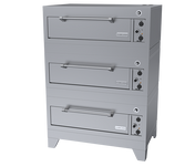 A commercial stainless steel electric triple-deck bake oven with three pull-down doors, each featuring a long handle. Control knobs and temperature dials are located on the right side of each deck. The appliance stands on four short legs.