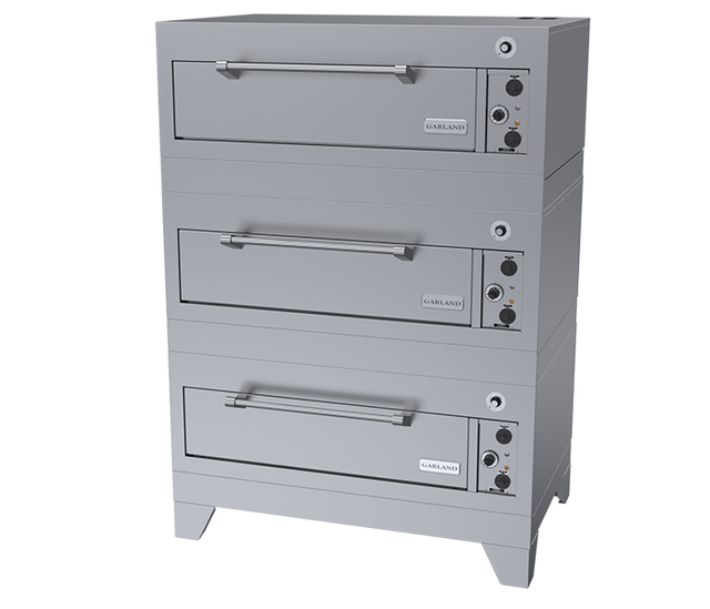 A commercial stainless steel electric triple-deck bake oven with three pull-down doors, each featuring a long handle. Control knobs and temperature dials are located on the right side of each deck. The appliance stands on four short legs.