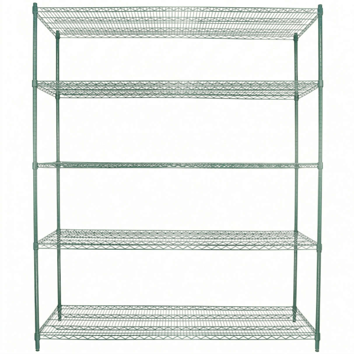 A large, green epoxy-coated shelving unit with NSF certification features five evenly spaced shelves and four sturdy posts. The metal shelves have a durable grid pattern, giving the unit a strong, industrial appearance against a plain white background.