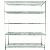A large, green epoxy-coated shelving unit with NSF certification features five evenly spaced shelves and four sturdy posts. The metal shelves have a durable grid pattern, giving the unit a strong, industrial appearance against a plain white background.
