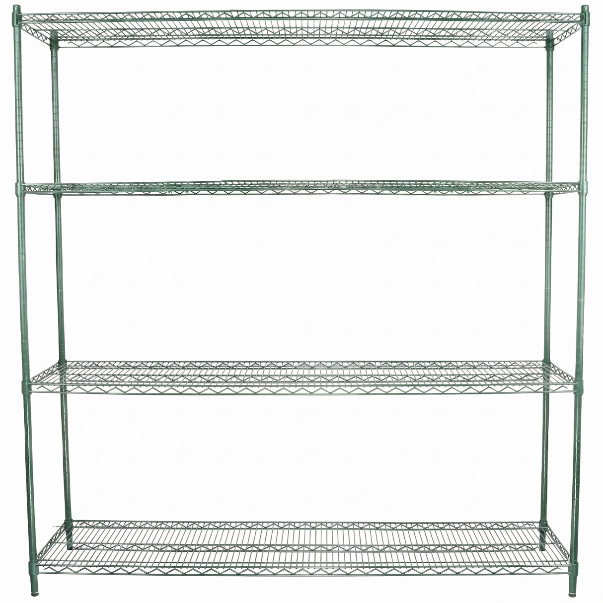 A large, freestanding NSF shelving unit with four evenly spaced wire shelves and an open frame, designed for storage and organization. The silver metal unit features vertical support posts at each corner against a plain white background.