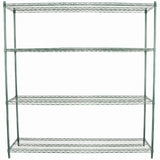 A large, freestanding NSF shelving unit with four evenly spaced wire shelves and an open frame, designed for storage and organization. The silver metal unit features vertical support posts at each corner against a plain white background.