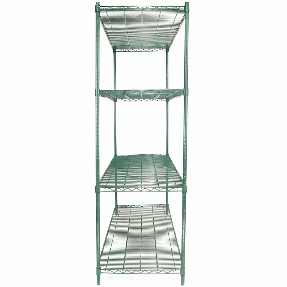 A green epoxy-coated iron NSF Shelving Unit with four empty wire shelves, viewed from the front against a plain white background. The shelves are evenly spaced and supported by four vertical rods, giving the structure a sturdy, utilitarian look.