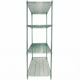 A green epoxy-coated iron NSF Shelving Unit with four empty wire shelves, viewed from the front against a plain white background. The shelves are evenly spaced and supported by four vertical rods, giving the structure a sturdy, utilitarian look.