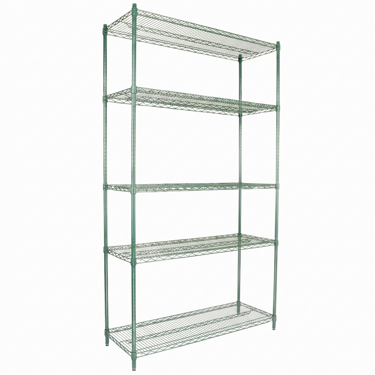 A tall, green epoxy-coated metal shelving unit with five wire shelves stands on four legs. The NSF shelving unit is sturdy and open, making it ideal for organizing items in a home, garage, or industrial setting.