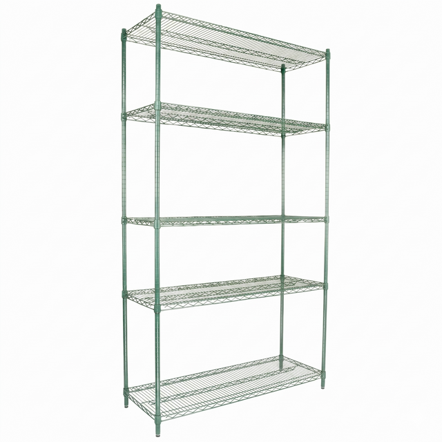 A tall, green epoxy-coated metal shelving unit with five wire shelves stands on four legs. The NSF shelving unit is sturdy and open, making it ideal for organizing items in a home, garage, or industrial setting.