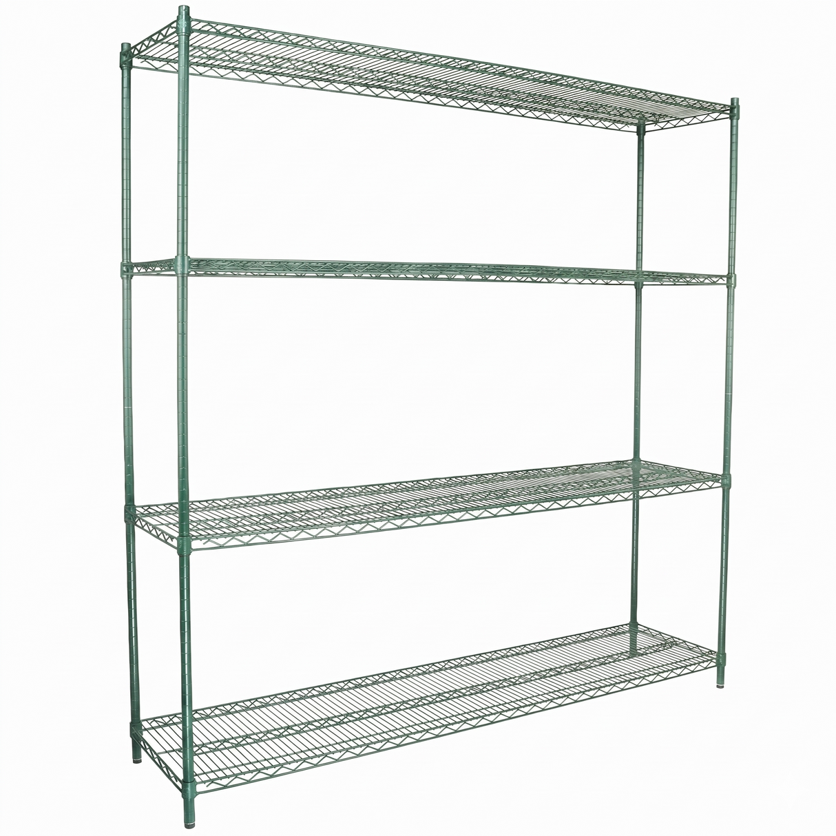 A large, freestanding green epoxy-coated shelving unit with four wire mesh shelves and an open design. The NSF-certified frame offers durability and ample storage for various items. The background is plain white.