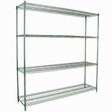 A large, freestanding green epoxy-coated shelving unit with four wire mesh shelves and an open design. The NSF-certified frame offers durability and ample storage for various items. The background is plain white.